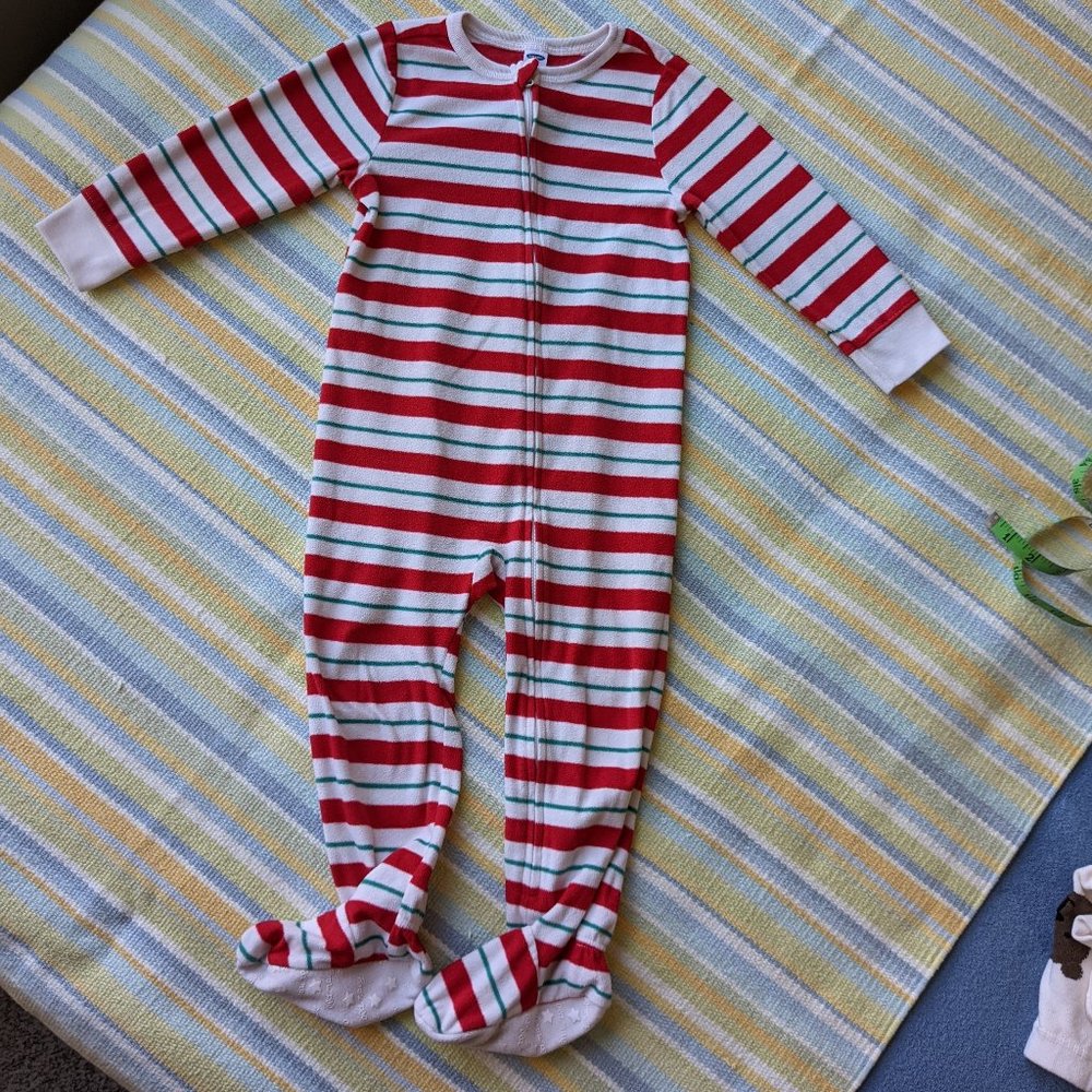 Old Navy striped fleece holiday footie pajamas PJs 3T